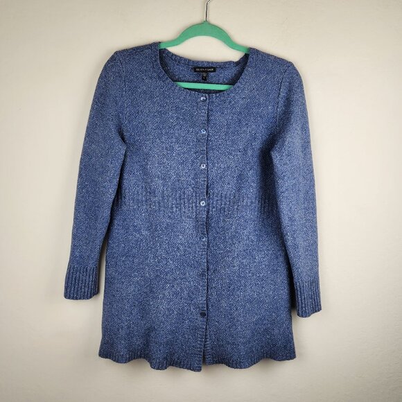 Eileen Fisher Italian Wool Silk Knit Button Up Long Cardigan Sweater Blue sz L - Picture 1 of 8